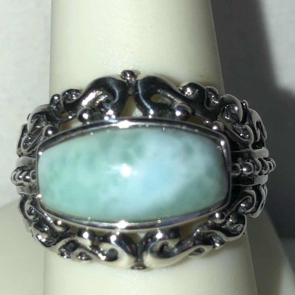 Larimar Gemstone Fancy Cut Cabochon In Rhodium Over Sterling Ring 89$